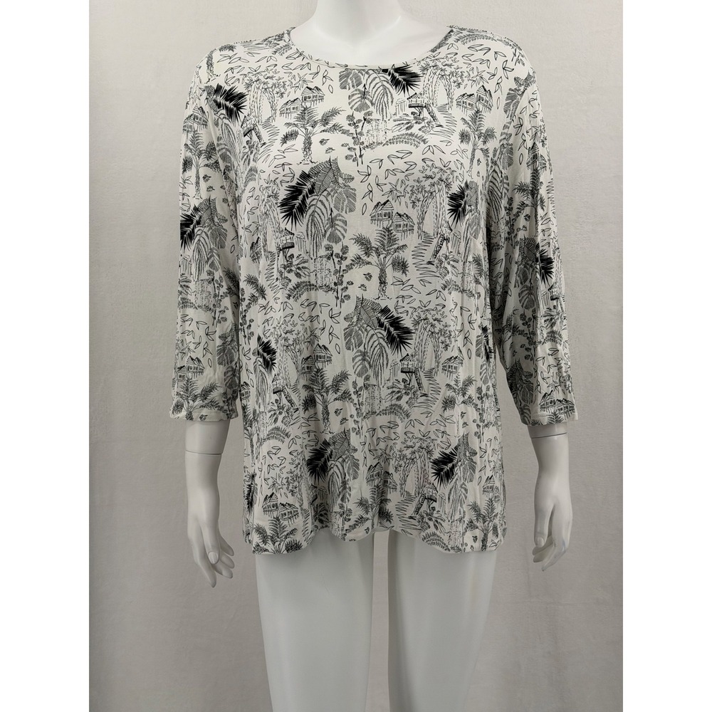 J Jill Top Womens 2X White Black Tropical Boho Travel Stretch Casual Vacation